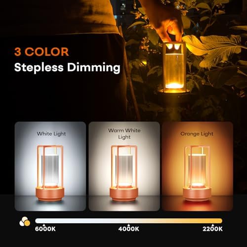Rechargeable Cordless Small Metal Table Lamp, Stepless Dimming, 3-Color - Image 3