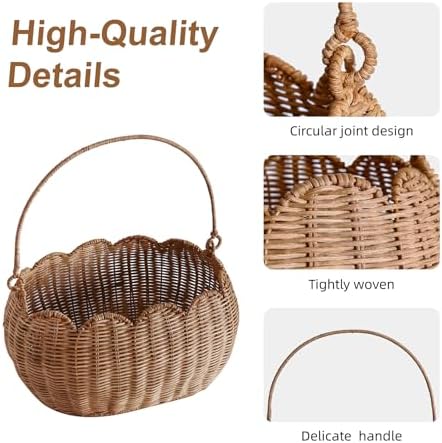 Scalloped Round Basket with Handle, Large Wicker Picnic Basket,Super Garden Harvest Basket for Gathering Vegetables Flowers Fruits, Hand Woven Basket for Shelves(Rattan(12.6 * 9 * 6.1)) - Image 3