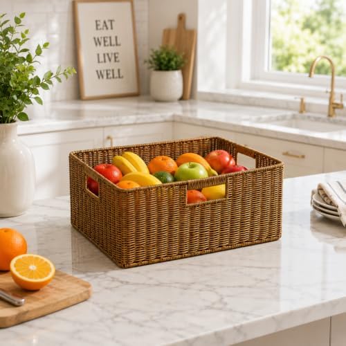 Large Wicker Basket, Waterproof Wicker Storage Basket for Organizing, Brown - Image 2