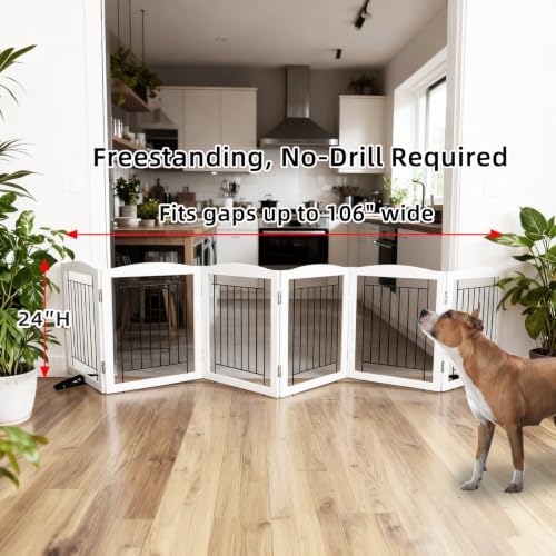 ZJSF Freestanding Dog Fence Indoor, Foldable Dog Gate for Doorways, Stairs or Hallways, Sturdy Wood Extra Wide Pet Gate with Support Feet for The House, White, 24 "Height-6 Panels - Image 2