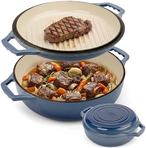 2-in-1 Enameled Cast Iron Braiser Pan with Grill Lid - 3.3-Quart Small Dutch Oven, Serves as Both Casserole & Stovetop Grill Pan, Cast Iron Cookware by GennuaKitchen