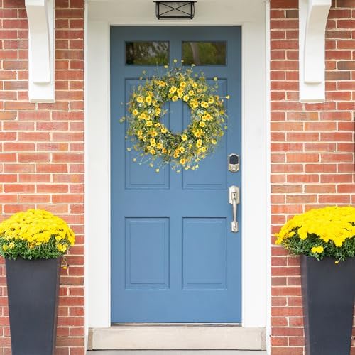 Sggvecsy Yellow Daisy Wreath 24 Inch Spring Summer Wreath Fake Silk Floral Wreath with Green Eucalyptus Leaves and Lavender for Front Door Window Wall Wedding Farmhouse Festival Decor - Image 5