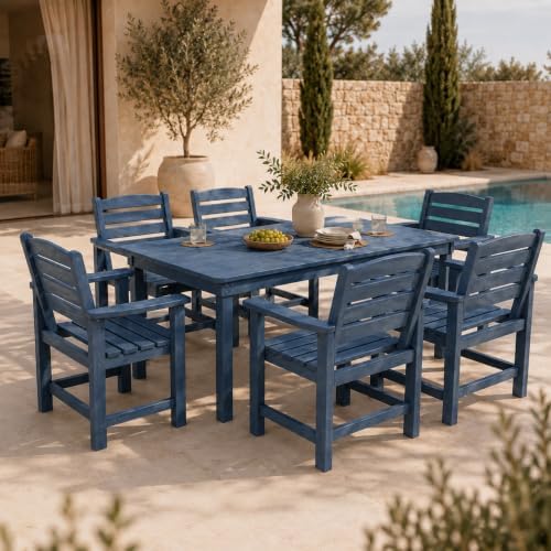 7 Pcs Outdoor Patio Dining Set, HDPE Table & Chairs with Umbrella Hole - Image 4