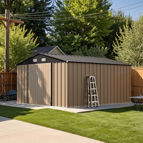 Patiowell 10 x 12 FT Metal Storage Shed for Outdoor with Floor Frame, Steel Yard Shed with Design of Lockable Doors, Utility and Tool Storage for Garden, Backyard, Patio, Outside use,Brown - Image 4