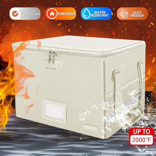 ENGPOW File Box with Lock,Fireproof Document Box with Zipper Lid,Collapsible File Storage Organizer Filing Cabinet with Handles,Portable Home Office Safe for Hanging Letter/Legal Folders,Beige,2 Pack - Image 4