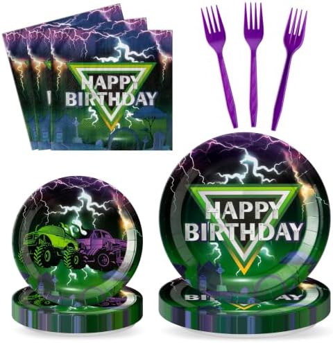 96Pcs Monster Truck Happy Birthday Green Purple Party Plates Supplies - Party Tableware Decorations Disposable Paper Plates Napkins Forks for Birthday Baby Shower, Serves 24 by G1ngtar
