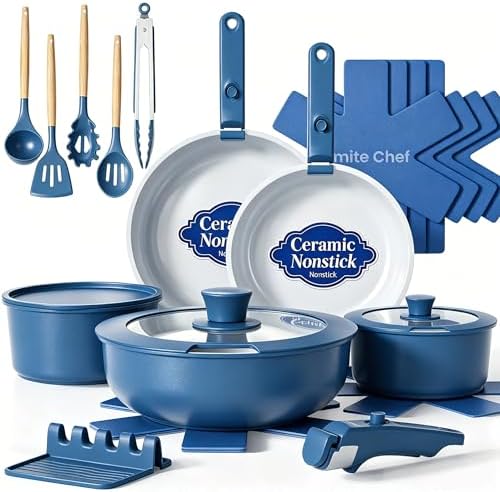 Umite Chef Pots and Pans Set Non Stick, 21 pcs Ceramic Cookware Set with Detachable Handles, Healthy Induction Cookware, RV Kitchen Cooking Set, with Utensils & Frying Pans Set, PFAS PFOA & PTFE Free by UmiteChef