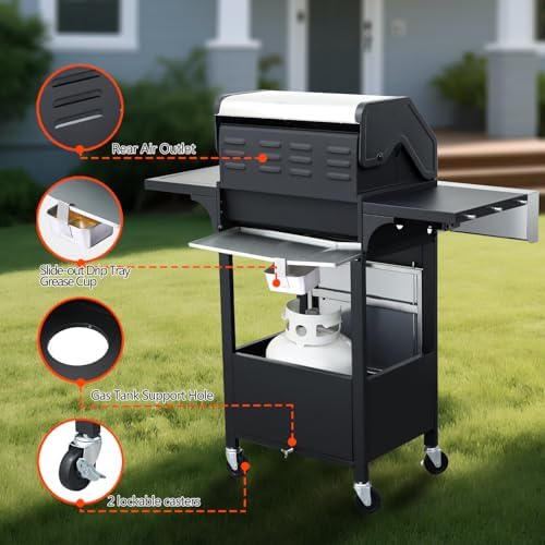 39000 BTU Output Propane Gas Grill with Side Burner and 3 Main Burners - Double-layer Stainless Steel Lid, Cast Iron Grids, Easy-Clean Grease Management & Even Heat Distribution for Perfect BBQs - Image 5