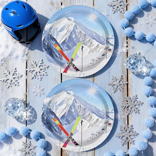 50Pcs Winter Ski Paper Plates 9 Inch Heavy Duty Disposable Skiing Snowy Mountain Dessert Plates Winter Mountain Ski Sport Adventure Decorations for Boys Girls Skier Birthday Holiday Party Supplies - Image 5