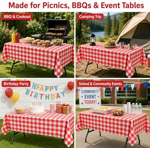 Red Gingham Disposable Picnic Tablecloths 4 Pack, Plastic Table Covers - Image 6