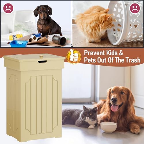 Function Home Trash Can Cabinet, 13 Gallon Kitchen Garbage Can, Wood Recycling Trash Bin, Freestanding Dog Proof Trash Can, Farmhouse Trash Cabinet with Lid for Home Kitchen Bathroom, Yellow - Image 5