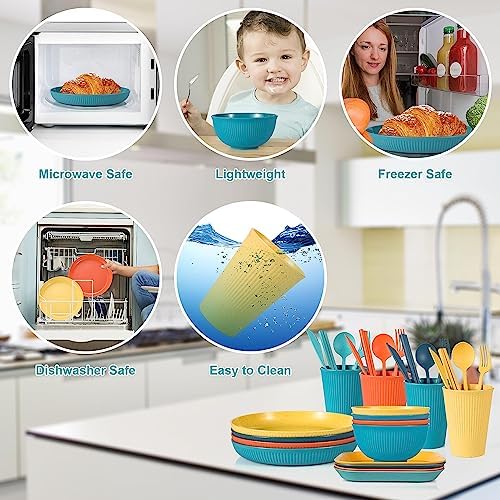 36PCS Wheat Straw Dinnerware Sets - Reusable Plates and Bowls Sets, Unbreakable Cups, Knives, Forks, Spoons & Chopstick, Microwave, Dishwasher Safe Tableware Kitchen Outdoor Camping Presents - Image 4