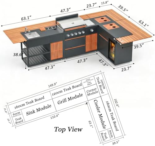 Outdoor Kitchen Island with Natural Teak and Powder Coated Stainless Steel Cabinet, LP Grill, Sink, Fridge, Movable BBQ Station Set for Backyard, Patio, Garden, Deck, Terrace (Grey, 4 SET) - Image 2