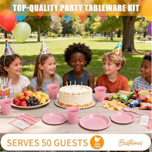 400 Pieces Pink Plastic Plates Set with 50 Party Wipes, Solid Pink Plastic Dinnerware - 50 Each 9" Dinner Plate Set, 7" Dessert Plate, Cups, Napkins & Cutlery for Any Celebration - Image 6