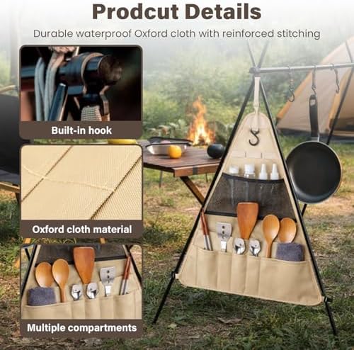 Camping Tableware Bag - Large Portable Outdoor Cutlery Organizer, Hanging Utensil Storage Pouch for BBQ, Hiking, Backpacking, Picnic, Kitchenware Accessories, Khaki Travel Cookware Kit (S) - Image 3