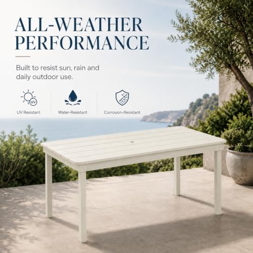 64" Rectangular Outdoor Dining Table, All-Weather HDPE Patio Table for 6-8 Person, Large Composite Wood Furniture with Umbrella Hole for Backyard Deck Garden Poolside, White - Image 4
