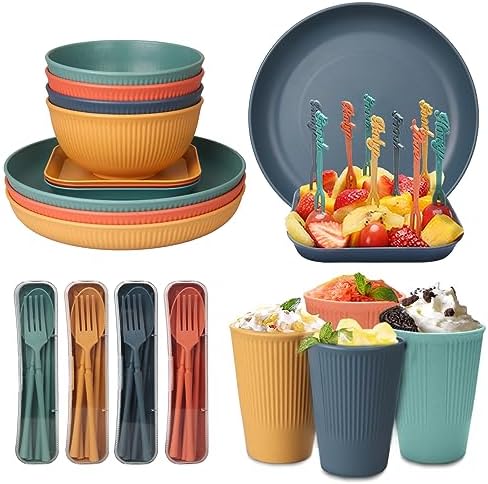 48 Pcs Dinnerware Sets, Unbreakable Plates and Bowls Sets, Reusable Dinnerware Sets for 4 People, Travel Camping Picnic Home Party Cutlery Set, Dishwasher Microwave Safe Dishes - Image 4