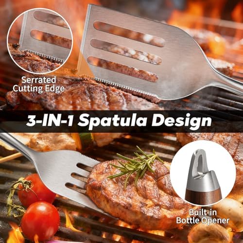 ENLOY Heavy-Duty Rose Wooden Barbecue Grilling Tools Set, Stainless Steel - Image 4