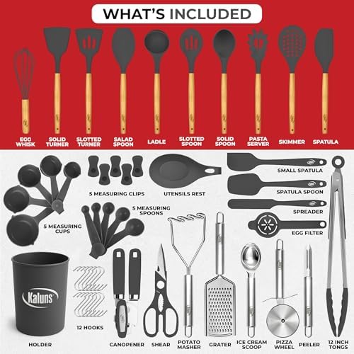 Kaluns 50 PCS Silicone Kitchen Utensils Set Complete Kitchen Set - 800°F Heat Resistant Non-Stick Premium Silicone Cooking Utensils W Wooden Handles - Can Opener, Masher, Turner, Silicone Spatula Set - Image 3