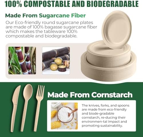 250 Piece Biodegradable Paper Plates Set Disposable Dinnerware Set, Eco Friendly Compostable (EXTRA LONG UTENSILS), Utensil include, Forks, Knives and Spoons for Party andBirthday party, camping - Image 2
