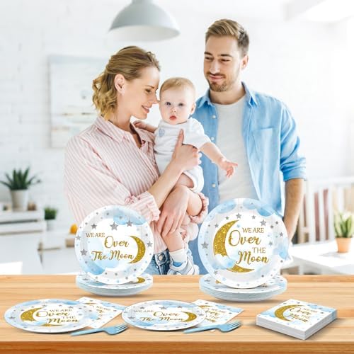 96Pcs Over The Moon Baby Shower Decorations Moon and Stars Party Baby Shower Plates and Napkins Gender Reveal Little Star Birthday Disposable Paper Plates for Celestial Birthday Gatherings Decorations - Image 5
