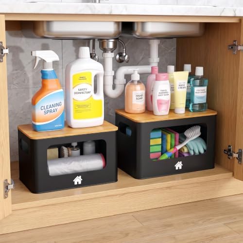 ALOCEO Metal Trash Bag Holder with Bamboo Lid - 13/30/33 Gallon Garbage Bag Dispenser - Under Sink Organizer - Laundry Room Organization - Stackable Bins for Pantry and Kitchen Storage - 2 Pack Black - Image 4