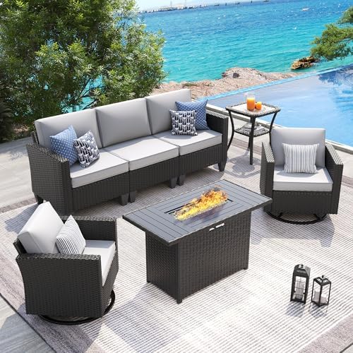UDPATIO Patio Furniture Set with Fire Pit Table, Rocking Swivel Chairs, 5 Pieces Outdoor Furniture Sets, All-Weather Wicker Outdoor Sectional Sofa with Cover, 4'' Thickened Cushion, Light Grey by UDPATIO