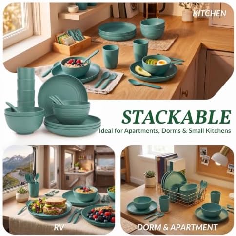 Wheat Straw Dinnerware Sets, Homienly 20pcs Unbreakable Microwave Dishwasher Safe Tableware Lightweight Bowls, Cups, Plates Set Reusable Dinner Plates Bowls set (Green) - Image 6