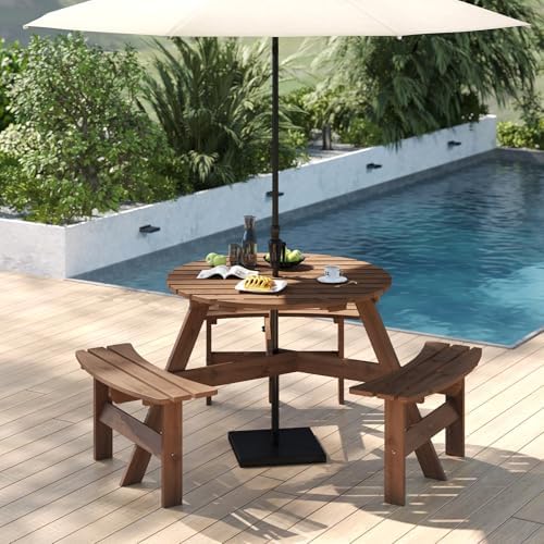 Tangkula 6-Person Wood Picnic Table, Outdoor Round Table and Bench Set with 3 Built-in Benches, Umbrella Hole, Perfect for Outside, Patio, Garden, Backyard, Porch (6-Person,Brown) - Image 3