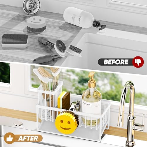 Sponge Holder for Kitchen Sink,Smiley Face Sink Caddy with Removable Brush Holder,Self-Draining Sponge Caddy for Sponge,Soap,Dish Brush,Scrubber,Kitchen Essentials and Gadgets-White - Image 6