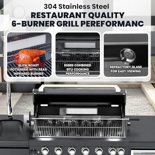94-Inch 6-Burner 85000 BTU Natural Gas Grill Island with Shed, 304 Stainless Steel Black, Outdoor Kitchen with Wine Cooler, Rotisserie, Granite Countertops & Storage, For Backyard BBQ, Black - Image 4