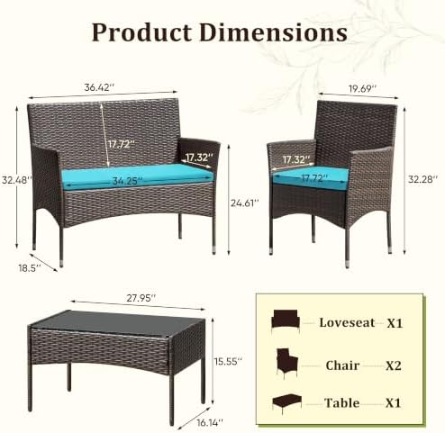 Greesum 4 Pieces Patio Furniture Conversation Sets,Brown and Blue - Image 3