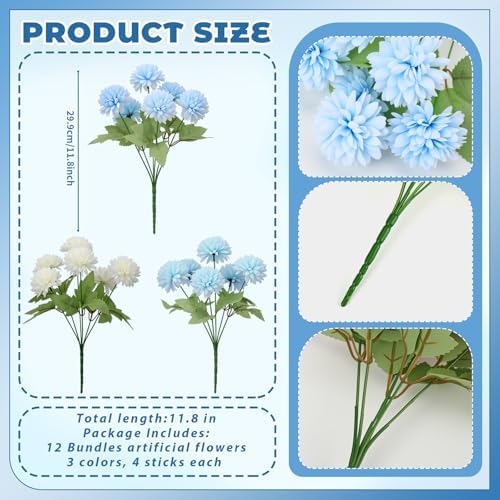 XunYee 12 Pcs Blue Artificial Flowers for Outdoor,Silk Chrysanthemums - Image 2