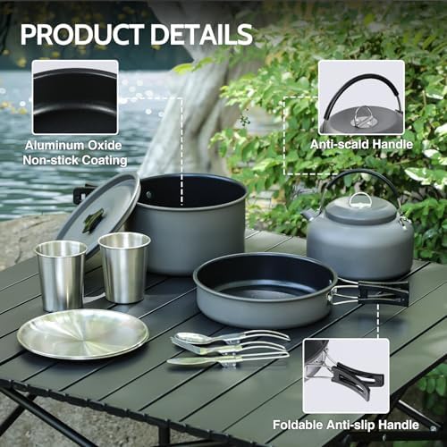 REDCAMP 6/10/11/12/14/15/19 PCS Camping Cookware Mess Kit Camping Gear Campfire Utensils Lightweight Stackable Pot Pan Bowls Soup Spoon with Storage Bag for Camping, Backpacking, Outdoor Cooking - Image 5
