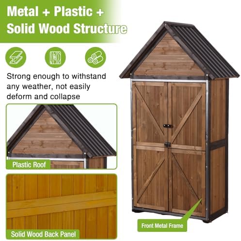 GUTINNEEN Outdoor Storage Cabinet, Upgraded with Durable Front Metal Frame Garden Shed Tool Storage Cabinet with Wooden Floor Adjustable Shelfs 2.5 x 1.4FT （Brown） - Image 3