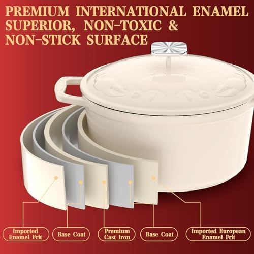 Enameled Cast Iron Dutch Oven - 5QT Dutch Oven Pot with Crab Lid & Oversized Knob & Ergonomic Handles - Heavy Duty Cookware for Braising, Stews, Roasting, Bread Baking - Cream White - Image 4