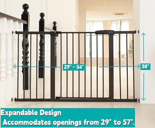 53.46"-55.63" Baby and Pet Safety Gate, 30" Tall Metal Walk-Thru Gate for Doorways & Stairs, Easy One-Hand Open, Dual Lock, Extensions & Wall Mounts Included (Brown, 29"-54" W x 30.5“H) - Image 2
