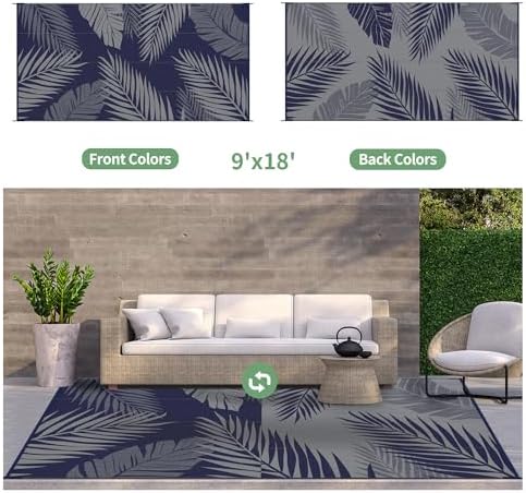 GENIMO Outdoor Rug, Waterproof Plastic Rugs 9'x18' for Camping Blue Grey - Image 2
