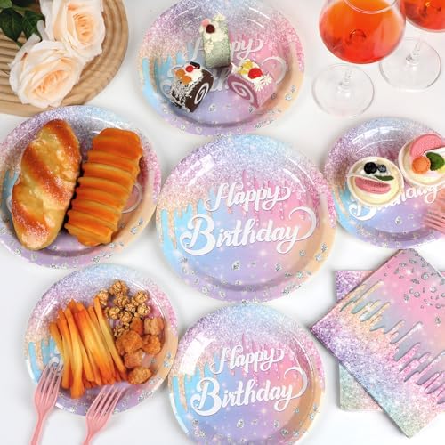 Naozinebi Iridescent Diamond Birthday Party Plates Napkin Fork Glitter Diamond Tableware Set Happy Birthday Dinnerware Colorful Supply for Girls Women Baby Shower Wedding Parties Decoration Serve 24 - Image 5