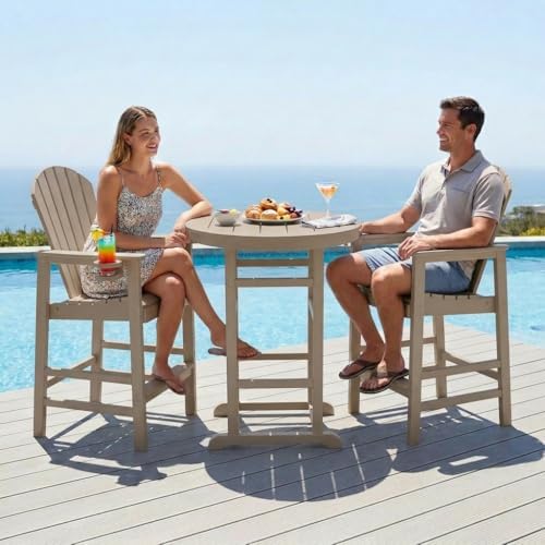 3-Piece HDPE Bar Height Table and Chairs Set, 31.1" Square High Top Pub Table with Umbrella Hole, 2 Adirondack Charis with Cup Holders, Outdoor Patio Dining Set for Bistro Backyard Deck Natural - Image 2