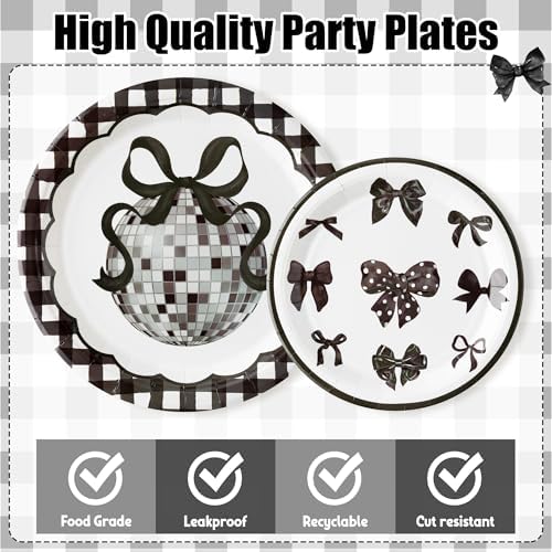 96Pcs Black Bow Coquette Watercolor Disco Ball Party Plates Supplies - Party Tableware Decorations Disposable Paper Plates Napkins Forks for Birthday Bachelorette Engagement, Serves 24 - Image 3