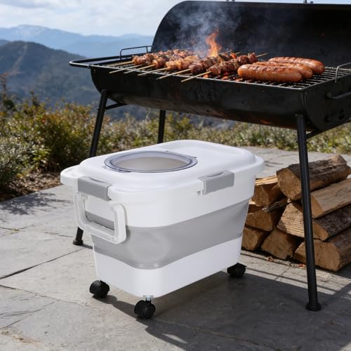 25-lb Wood Pellet Storage Container & Charcoal Storage Bucket with Wheels - Airtight, Collapsible Pellet Bucket with Viewing Window and Scoop for Grilling, Smoking, BBQ - Image 5