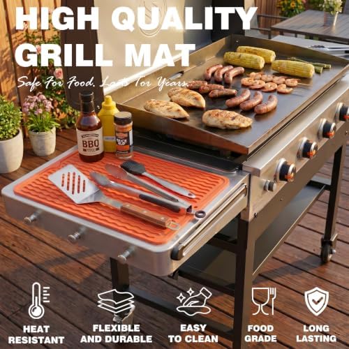 CAKETIME 2 Pack Silicone Grill Mats Compatible with Blackstone Griddle Flat Top Accessories,Dish Drying Mat for Kitchen Countertop Outdoor Camping Lawn Gadgets Father Dad Chef Men Gifts(Orange) - Image 2