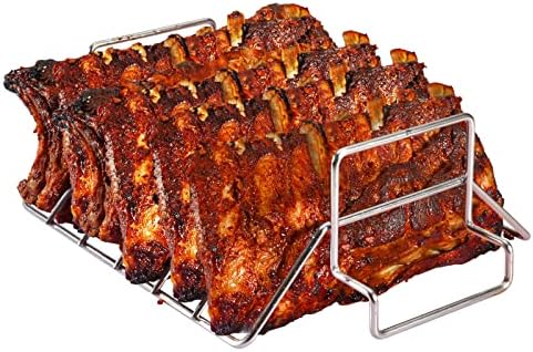 Rib and Roast Rack for Big Green Egg, Turkey Roasting Rack for Grilling and Smoking - Stainless Steel Pan for Cooking Rib, Chicken, Bird. L/XL BGE Accessories, Also for Other 18" or Larger Grills by BONPAZ