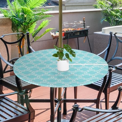 Fitted Round Tablecloth with Umbrella Hole and Zipper Aqua Blue Moroccan Outdoor Elastic Table Cloth 45"-56" Oil-Proof Waterproof Patio Table Cover for Dining Picnic Party - Image 2