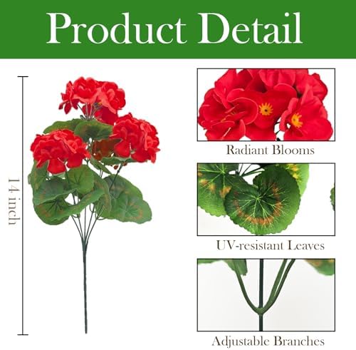 Fake Outdoor Flowers, 6 Pcs Artificial Flowers for Outdoors, Red Artificial Geraniums Plastic Flowers, Fake Plant for Outside, Silk Faux Flowers Outdoor Planters UV Resistant for Front Porch - Image 3
