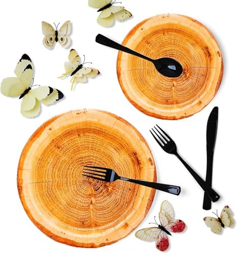 100Pcs Wood Grain Paper Plates Wood Grain Party Supplies 9"&7" Rustic Wood Slice Paper Plates for CampFire Camping Woodland Animal Baby Shower Lumberjack Cut Timber Birthday Party Decorations (100) - Image 3