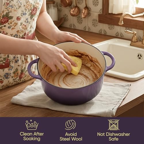 4.5 Quart Dutch Oven Pot with Lid, Non Stick Enameled Cast Iron Dutch Oven for Bread Baking, Heavy-Duty, Oven Safe Ceramic Cookware Up to 500°F for Baking, Braising, Stews, Roasting, Purple - Image 6