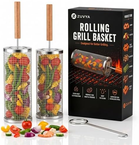 Rolling Grill Basket 2-Pack, 304 Stainless Steel Grilling Basket with Removable Wooden Handle, Nesting BBQ Baskets for Outdoor Grill, Vegetables Shrimp & Meat, Smoker Camping Accessories, BBQ Gifts for Men Dad by ZUVYA