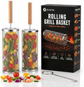 Rolling Grill Basket 2-Pack, 304 Stainless Steel Grilling Basket with Removable Wooden Handle, Nesting BBQ Baskets for Outdoor Grill, Vegetables Shrimp & Meat, Smoker Camping Accessories, BBQ Gifts for Men Dad by ZUVYA